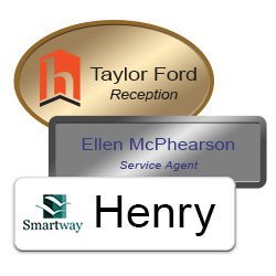Professional name badges for employees in metal and plastic, engraved or color printed with magnetic, pin-on or clip fasteners. NapNameplates.com