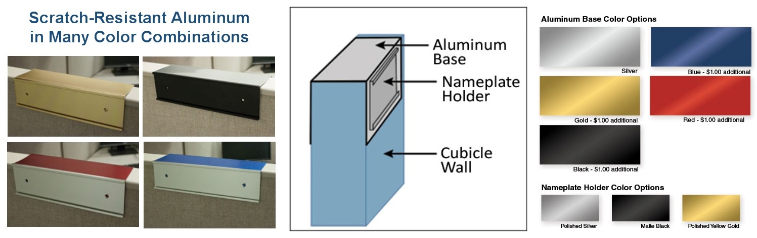 Cubicle nameplate holders in many colors and sizes are made of durable, scratch-resistant metal to move and reuse over and over. NapNameplates.com