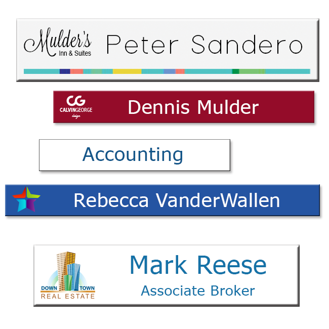 Metal name plates for offices Metal nameplates for offices easily slide into holders. Printed in full color on a white or metal background, with your logos or graphics. Scratch-resistant and durable. NapNameplates.com