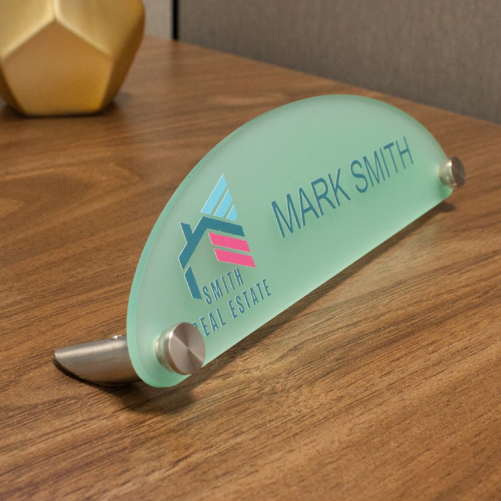 Frosted Acrylic Desk Name Plates for Offices, Half Oval NapNameplates