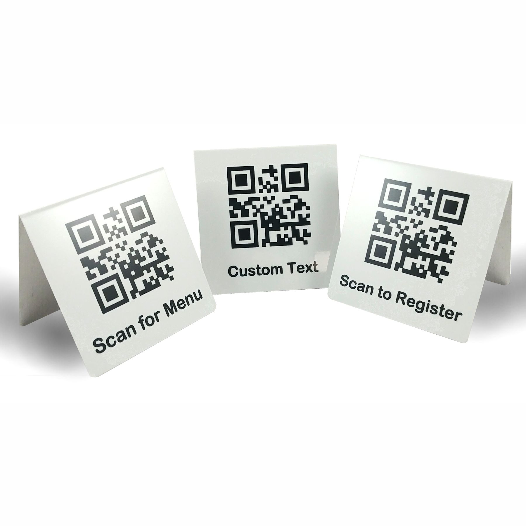 Custom QR Code Table Tent Signs, White Metal 3x3 - NapNameplates